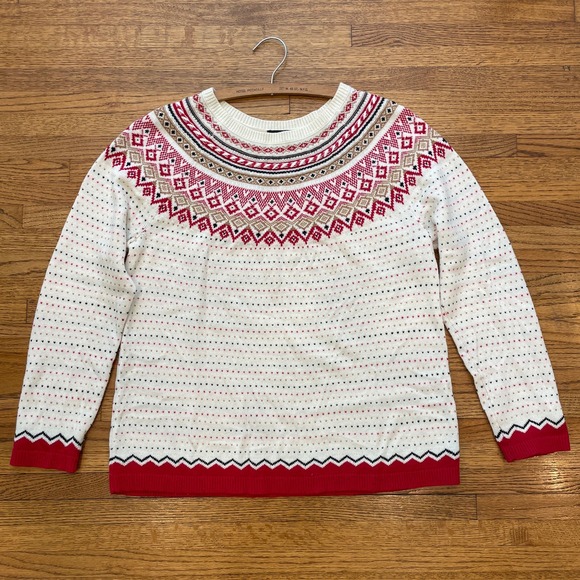 Talbots Women's Sz L Lambs Wool Blend Sweater Fair Isle White Red - Picture 6 of 10